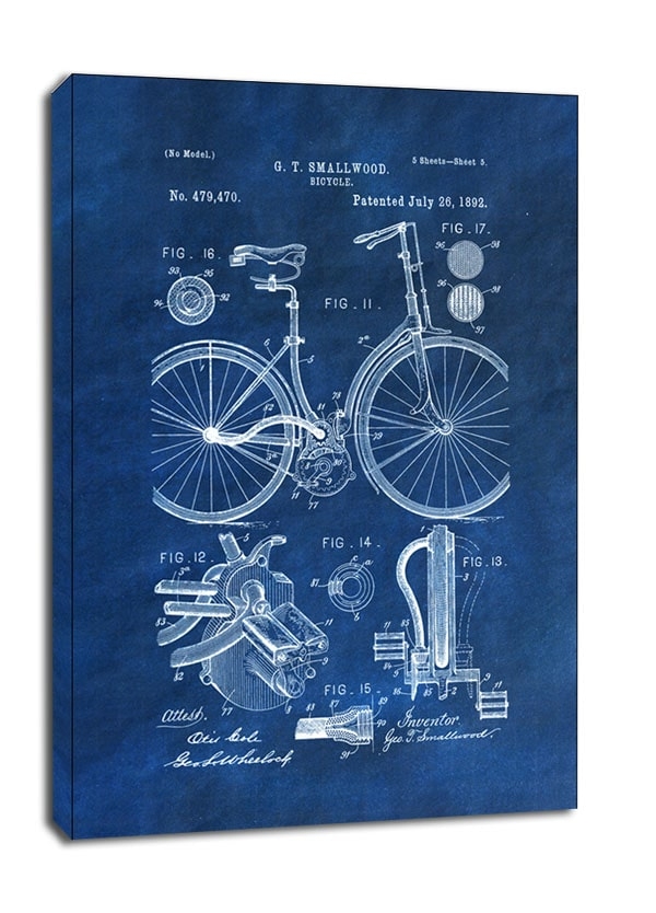 Image of Patent, Mechanizm Rowerowy Projekt z 1892 Niebieski - obraz na płótnie Wymiar do wyboru: 70x100 cm