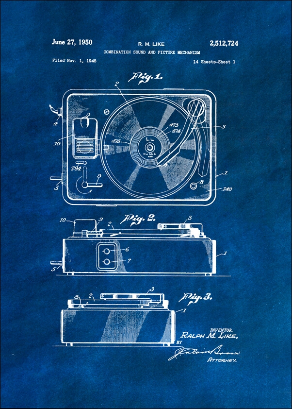 Image of Patent, Gramofon z 1950 Niebieskie - plakat Wymiar do wyboru: 29,7x42 cm