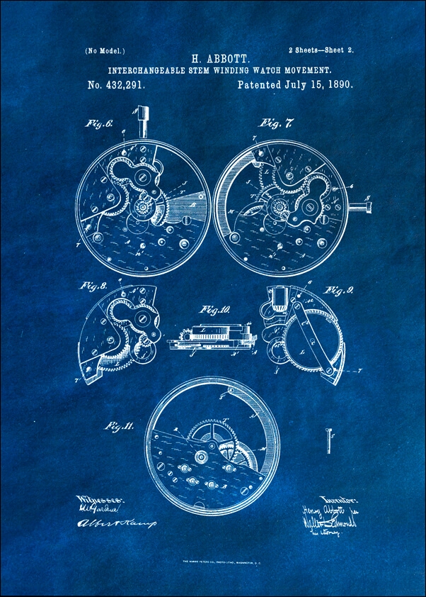 Image of Patent, Zegarek Nakręcany Projekt z 1890 Niebieskie 2 - plakat Wymiar do wyboru: 40x60 cm