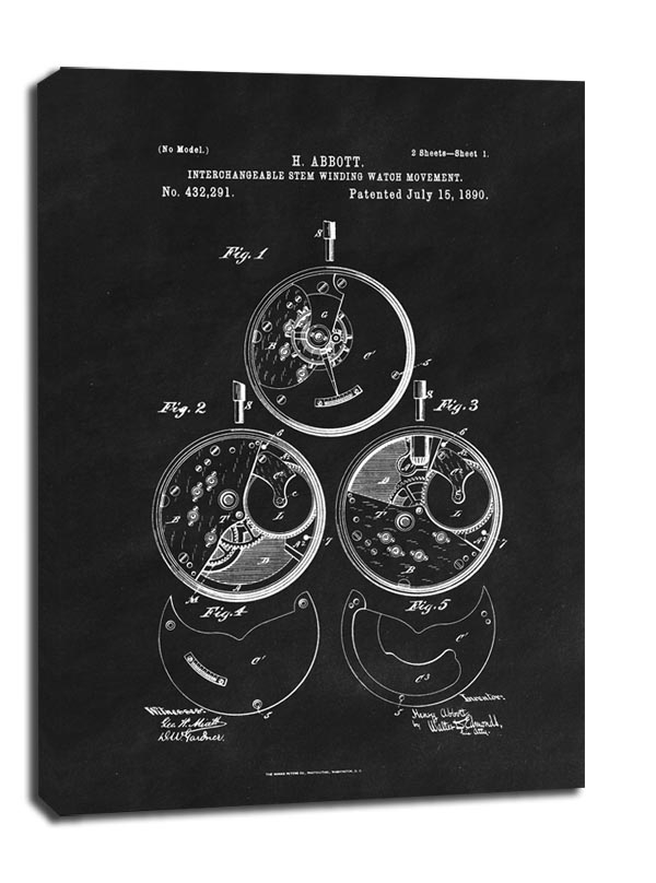 Image of Patent Zegarek Nakręcany Projekt z 1890, black - obraz na płótnie Wymiar do wyboru: 70x100 cm