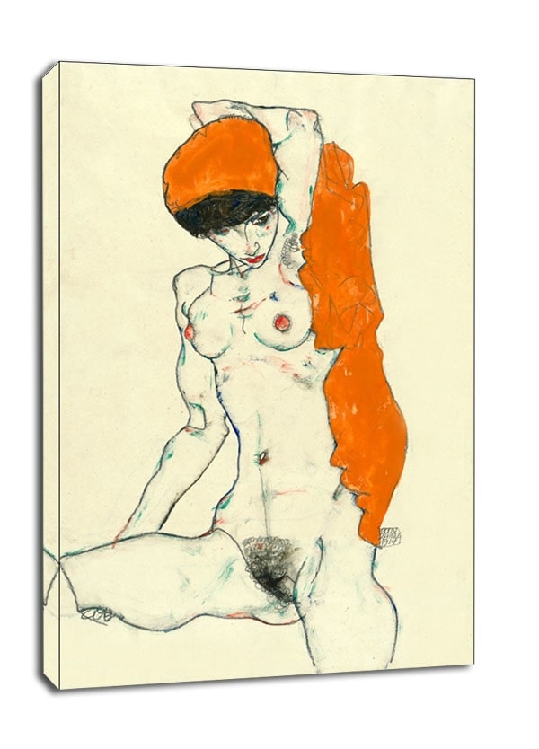 Image of Standing Nude with Orange Drapery (recto) Study of Nude with Arms Raised (verso), Egon Schiele - obraz na płótnie Wymiar do wyboru: 60x80 cm