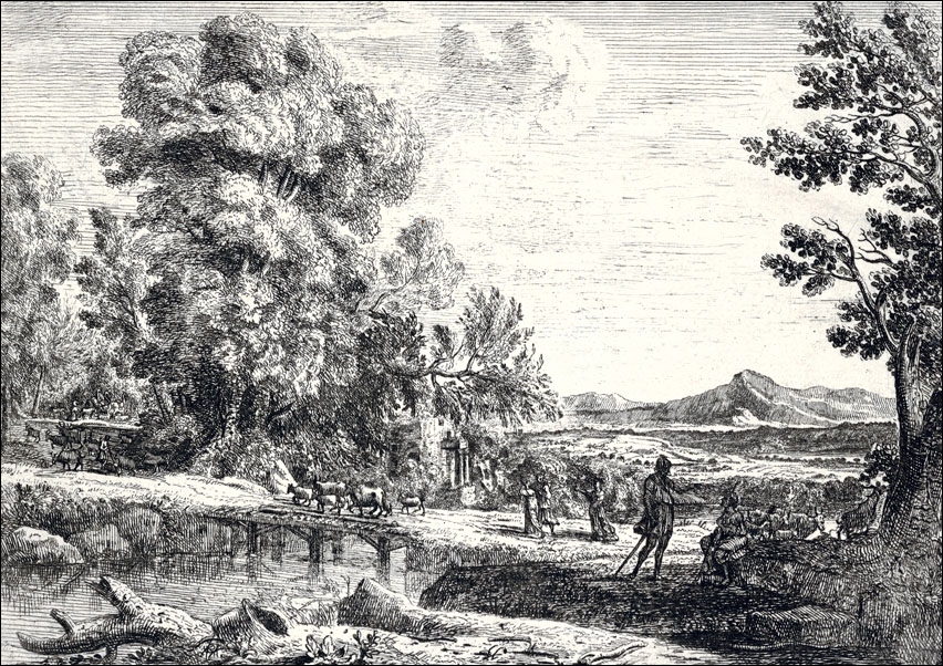 Image of Rebecca and Eliezer taking leave of her father, Bethuel, set in a landscape, a large tree to the left, Claude Lorrain - plakat Wymiar do wyboru: 70x50