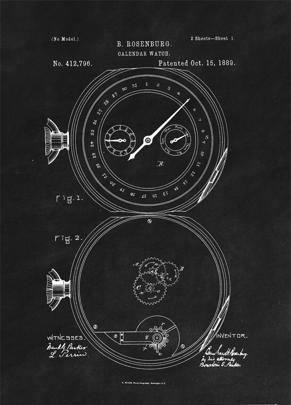 Image of Patent Zegarek z Kalendarzem Projekt z 1889, black - plakat Wymiar do wyboru: 21x29,7 cm