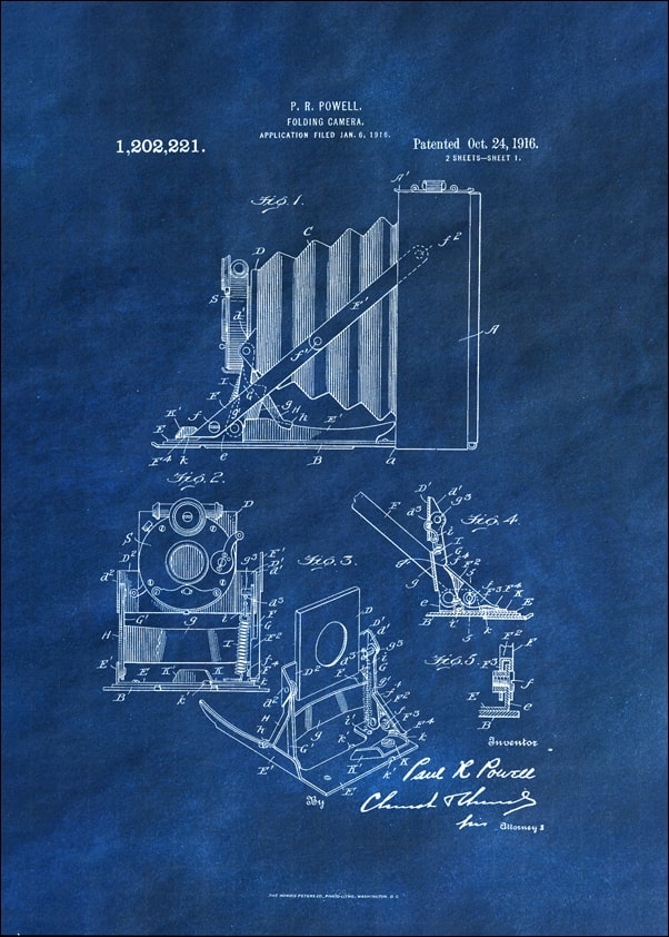 Image of Patent, Kamera Składana Projekt z 1916 Czarne Niebieski - plakat Wymiar do wyboru: 50x70 cm