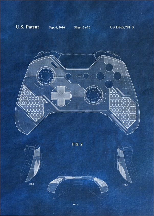 Image of Patent, Kontroler XBox Niebieski - plakat Wymiar do wyboru: 30x40 cm