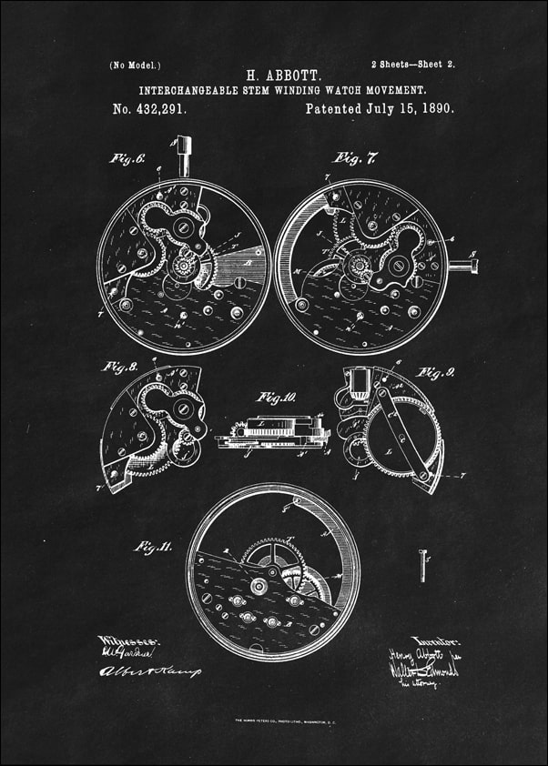 Image of Patent Zegarek Nakręcany II Projekt z 1890, black - plakat Wymiar do wyboru: 70x100 cm