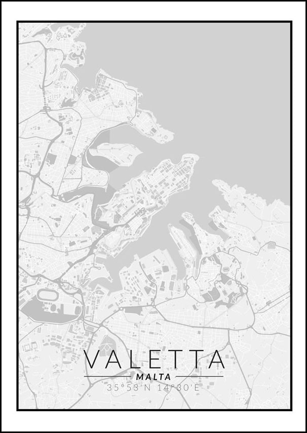 Image of Valetta mapa czarno biała - plakat Wymiar do wyboru: 61x91,5 cm