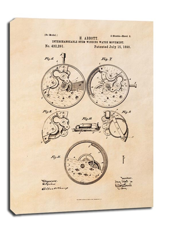 Image of Patent Zegarek Nakręcany II Projekt z 1890, sepia - obraz na płótnie Wymiar do wyboru: 70x100 cm