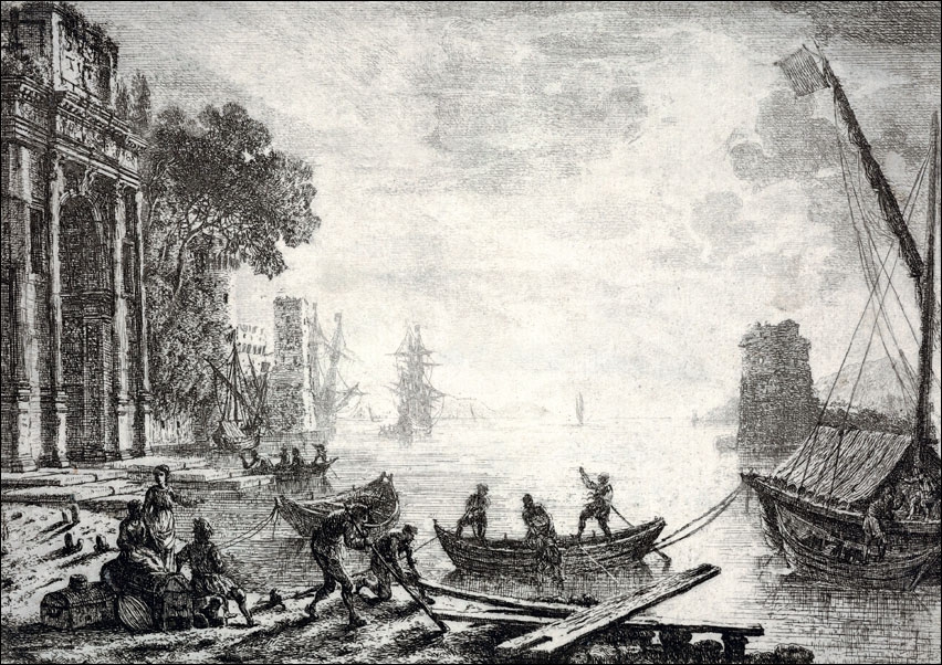 Image of Harbor with rising sun, figures in foreground, colonnade on left, Claude Lorrain - plakat Wymiar do wyboru: 91,5x61 cm
