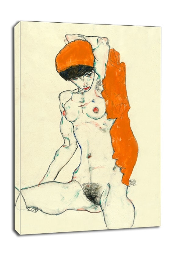 Image of Standing Nude with Orange Drapery (recto) Study of Nude with Arms Raised (verso), Egon Schiele - obraz na płótnie Wymiar do wyboru: 40x50 cm