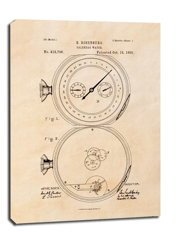 Image of Patent Zegarek z Kalendarzem Projekt z 1889, sepia - obraz na płótnie Wymiar do wyboru: 90x120 cm