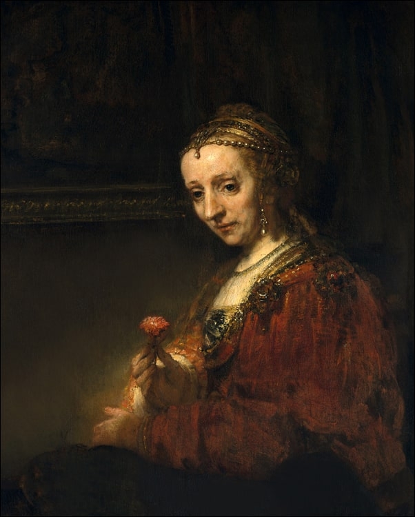 Image of Woman with a Pink, Rembrandt - plakat Wymiar do wyboru: 21x29,7 cm