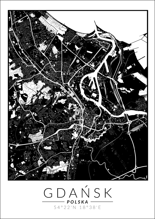 Image of Gdańsk mapa invert - plakat Wymiar do wyboru: 50x70 cm