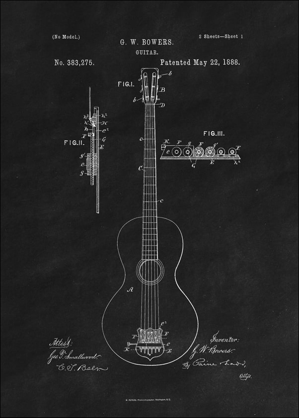 Image of Patent GW Bowers Gitara Projekt z 1888, black - plakat Wymiar do wyboru: 30x40 cm