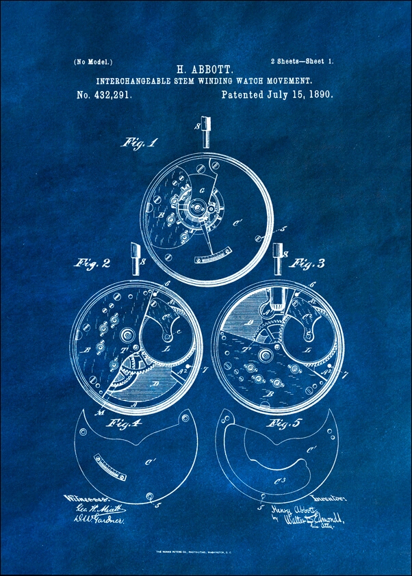 Image of Patent, Zegarek Nakręcany Projekt z 1890 Niebieskie - plakat Wymiar do wyboru: 40x60 cm