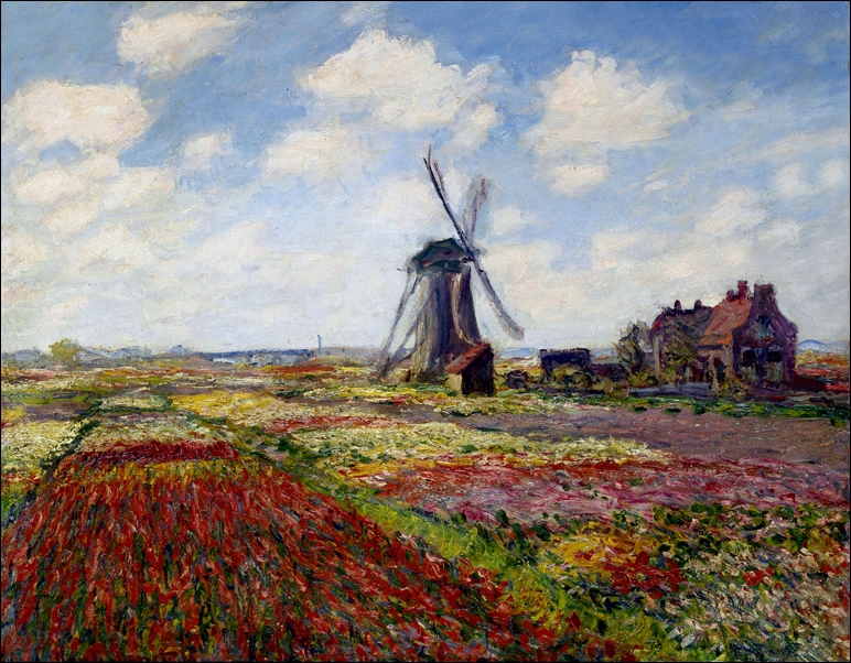 Image of Fields of tulip with the rijnsburg windmill, Claude Monet - plakat Wymiar do wyboru: 30x20 cm