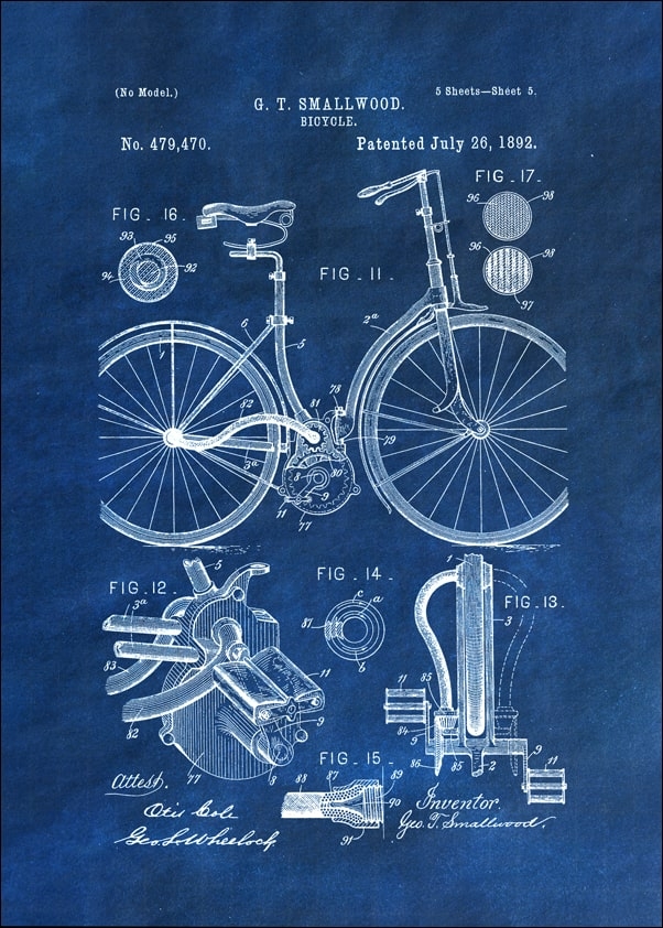 Image of Patent, Mechanizm Rowerowy Projekt z 1892 Niebieski - plakat Wymiar do wyboru: 70x100 cm