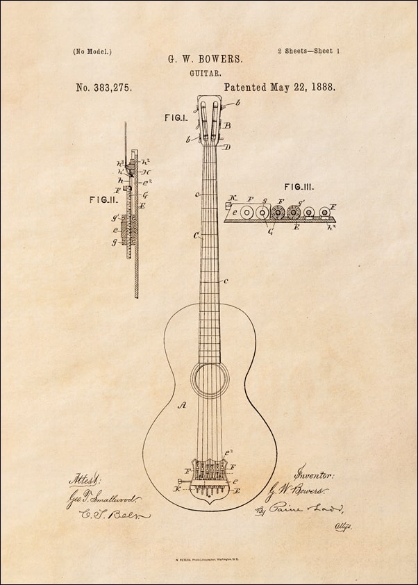 Image of Patent GW Bowers Gitara Projekt z 1888, sepia - plakat Wymiar do wyboru: 30x40 cm