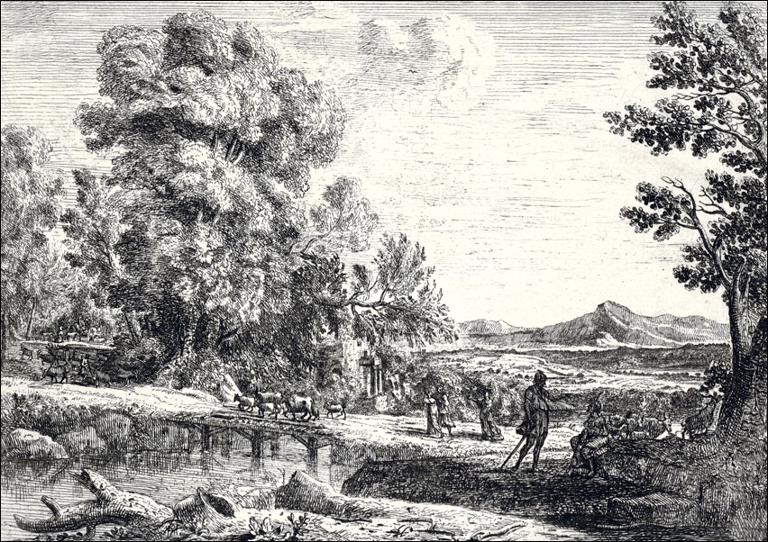 Image of Rebecca and Eliezer taking leave of her father, Bethuel, set in a landscape, a large tree to the left, Claude Lorrain - plakat Wymiar do wyboru: 42x29