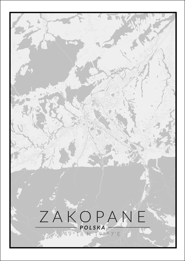 Image of Zakopane mapa czarno - biała - plakat Wymiar do wyboru: 29,7x42 cm