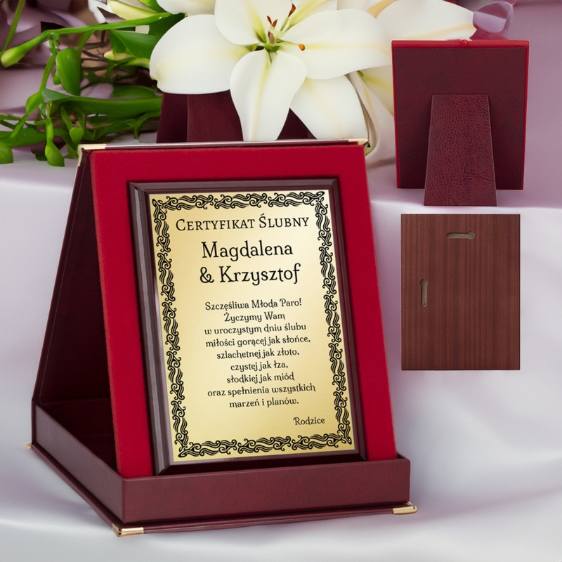 Prezent na ślub / Certyfikat / Drewniany panel, złota tabliczka, etui, dedykacja