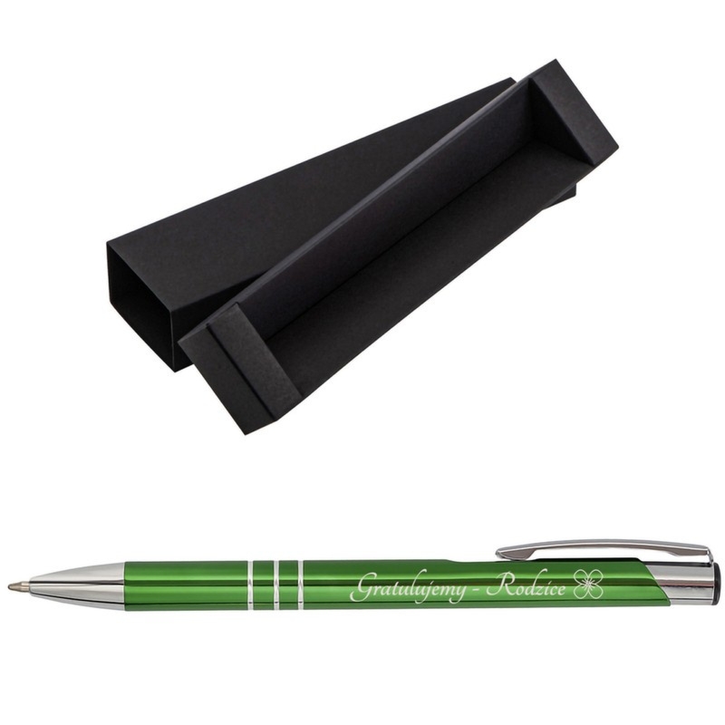 Zielony długopis reklamowy z grawerem i srebrnymi wykończeniami