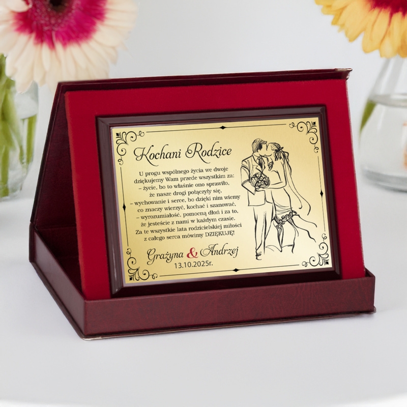 Ślubne podziękowania dla rodziców – panel i złota tabliczka