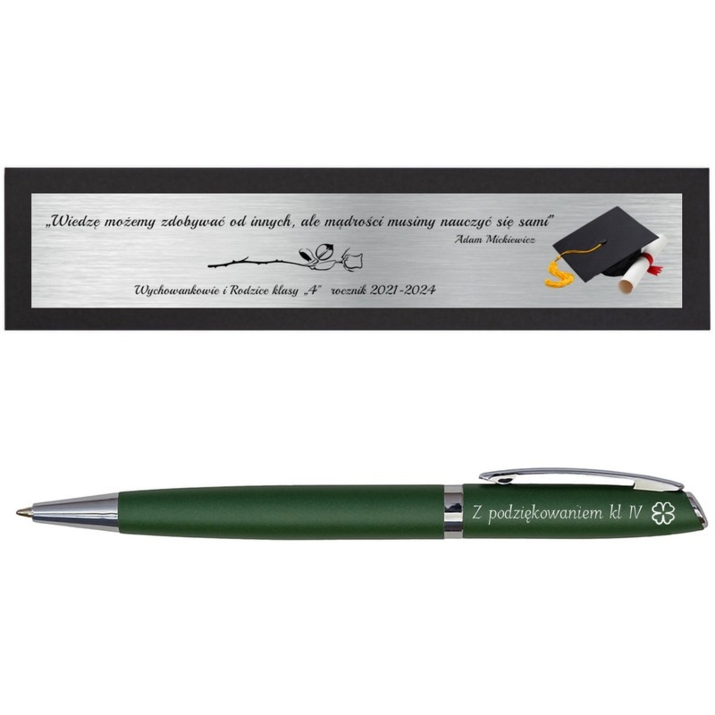 Zielony długopis aluminiowy z grawerem i tabliczką w pudełku