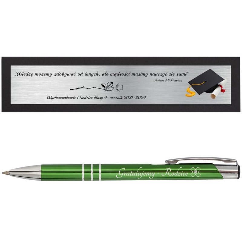 Długopis dla nauczyciela zielony aluminiowy z grawerem i tabliczką