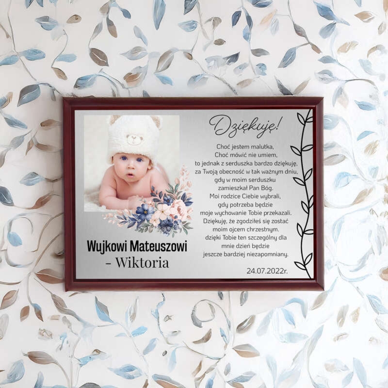 Podziękowanie dla rodziców chrzestnych / Drewniany panel, srebrna tabliczka, dedykacja