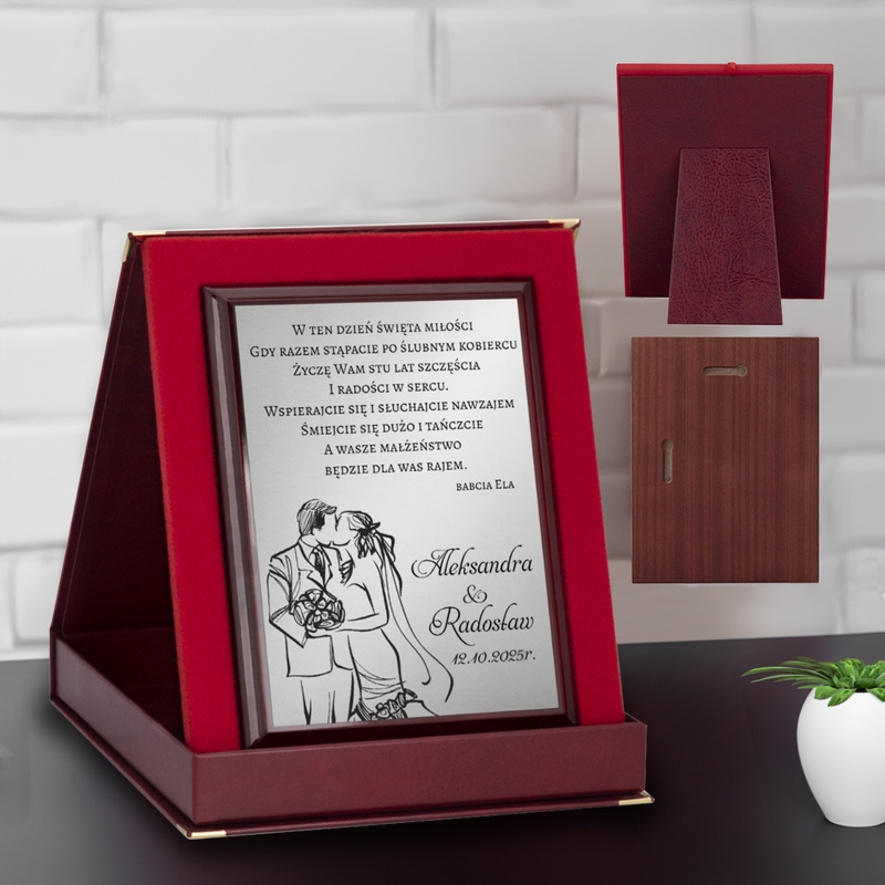 Prezent na ślub / Drewniany panel, srebrna tabliczka, etui, dedykacja