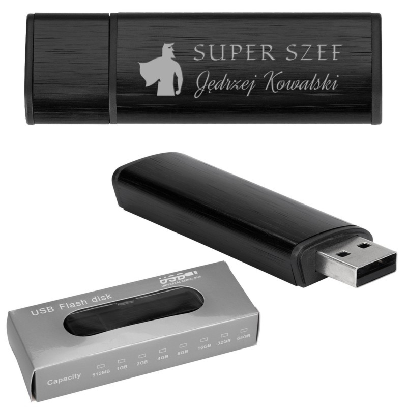 Czarny pendrive 16 GB dla szefa z indywidualnym grawerem laserowym