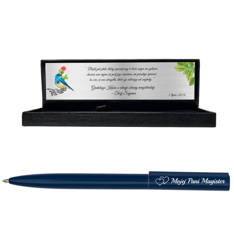 Długopis Avija granatowy z grawerunkiem i tabliczką na pudełku
