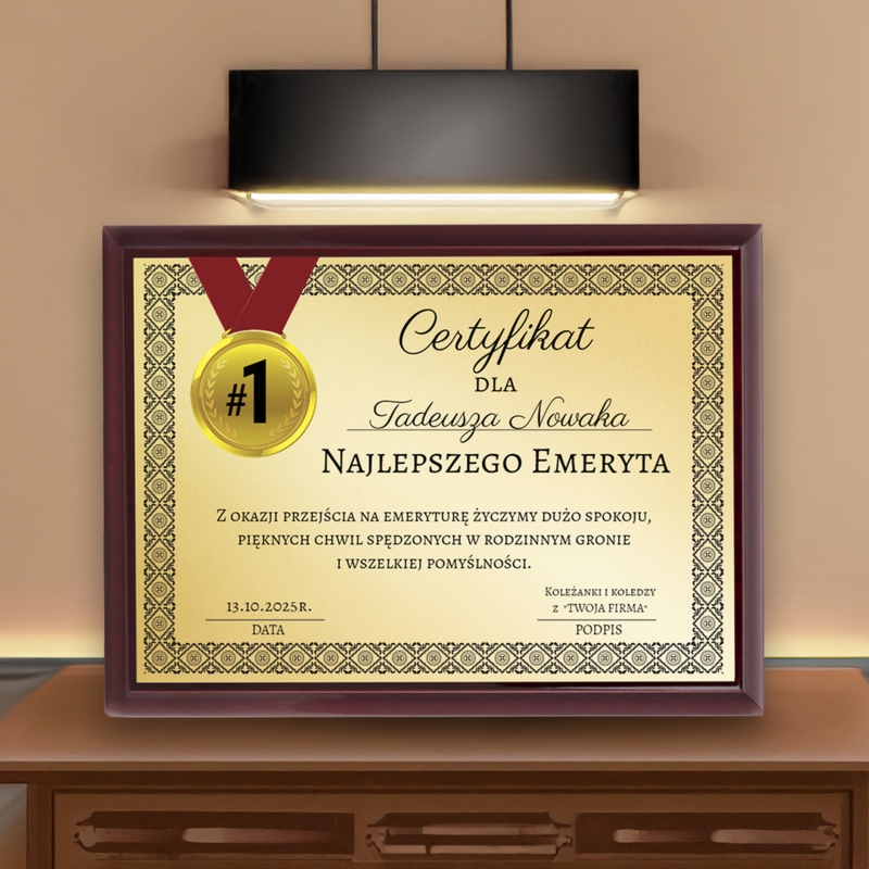 Certyfikat na emeryturę – drewniany panel, złota tabliczka, dedykacja