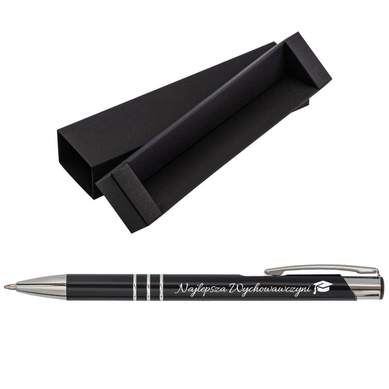 Zakończenie roku: czarny długopis z grawerem, srebrne akcenty