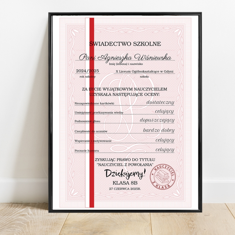 Świadectwo dla nauczyciela w ramce – personalizowana pamiątka z humorem
