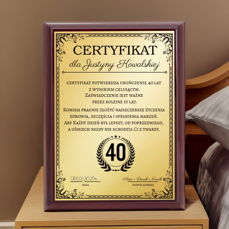 Dyplom na urodziny lub imieniny – złota tabliczka z dedykacją