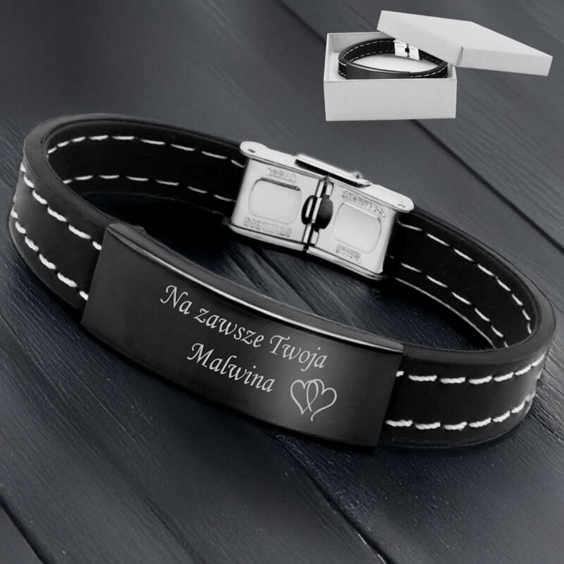 Bransoletka ze stali szlachetnej 316L i kauczuku z białym obszyciem prezent z Grawerem