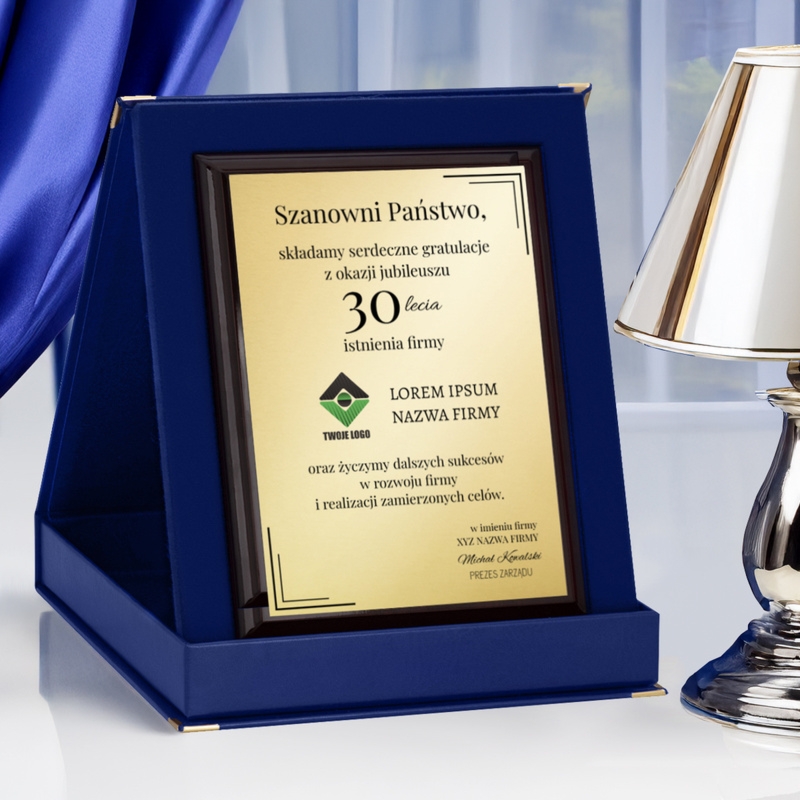 Gratulacje jubileuszowe dla firmy – srebrna tabliczka z personalizacją