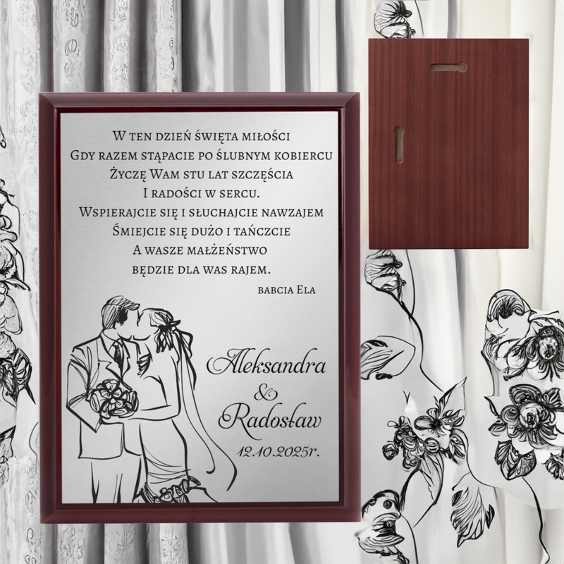 Prezent na ślub / Drewniany panel, srebrna tabliczka, dedykacja