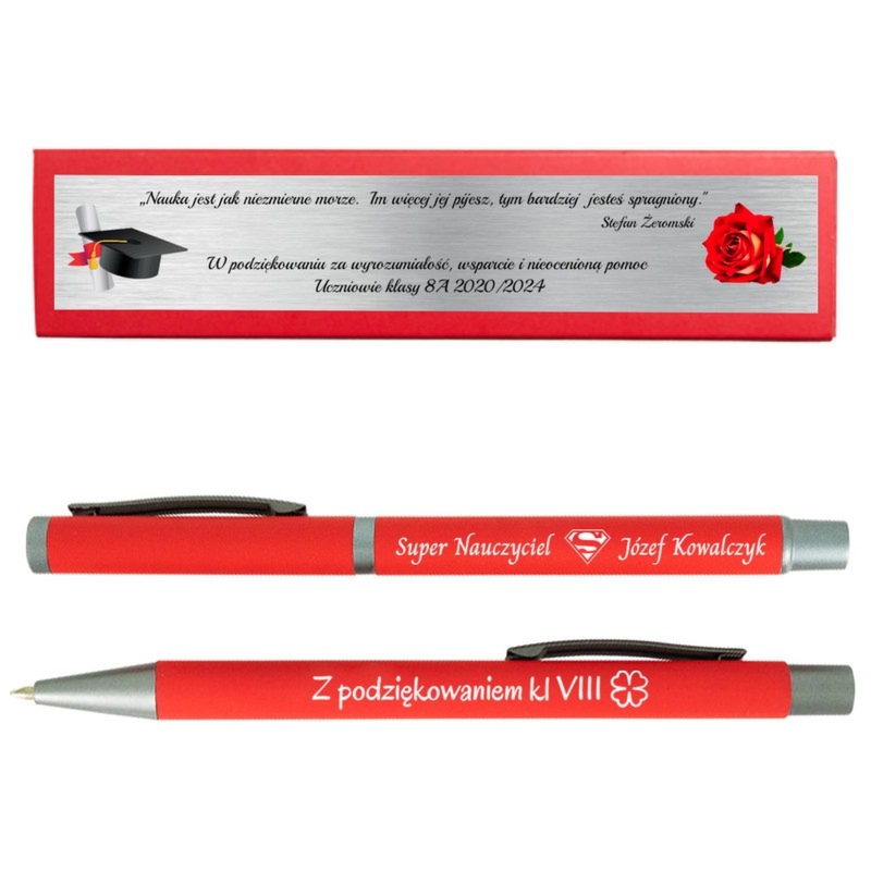 Zestaw Jetmore czerwony długopis i pióro z grawerem oraz tabliczką