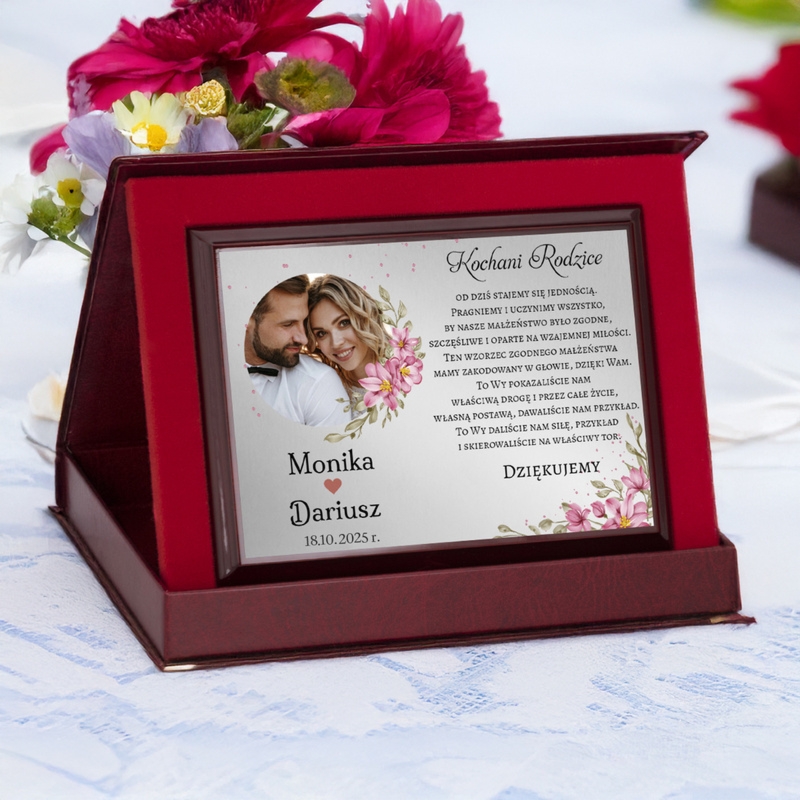 Podziękowania dla rodziców na ślub – panel z tabliczką i etui