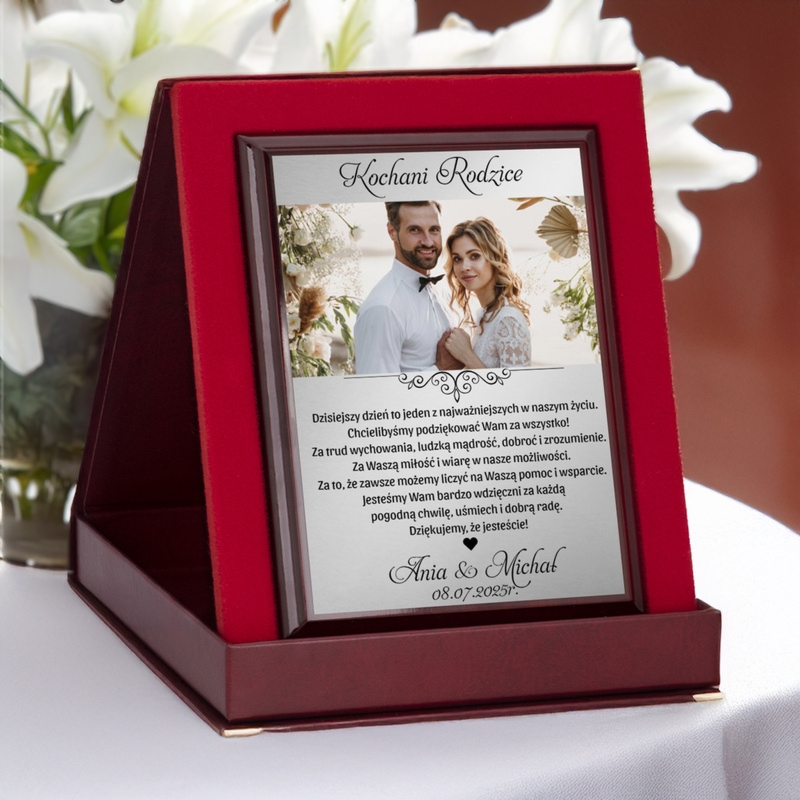 Ślubne podziękowania dla rodziców – panel z dedykacją i etui