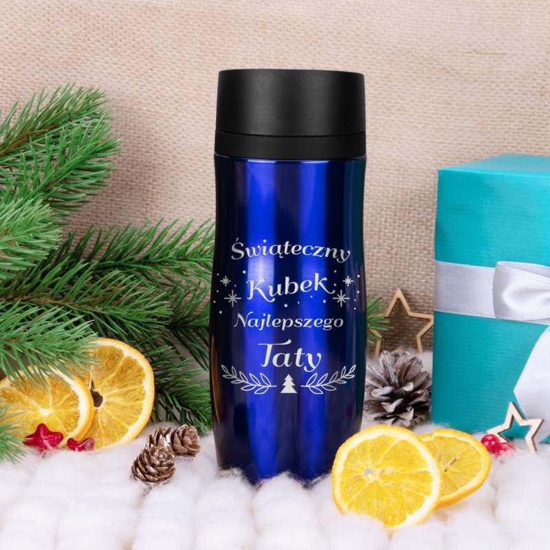 Kubek termiczny - granatowy / 350ml / Świąteczna choinka / prezent na Święta, Mikołaja / Grawer