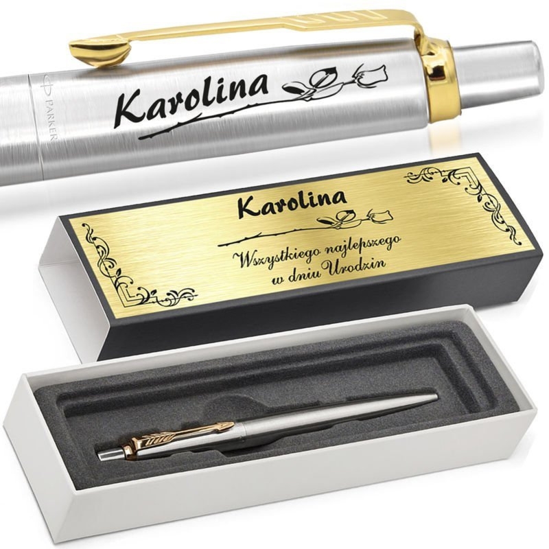 Oryginalny Parker Jotter stalowy z grawerem i tabliczką