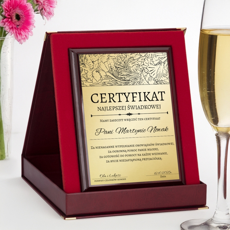 Podziękowania dla świadków – drewniany panel ze złotą dedykacją w etui