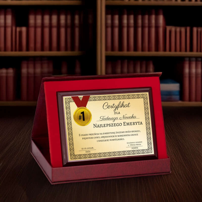 Certyfikat na emeryturę w etui z dedykacją – złota tabliczka