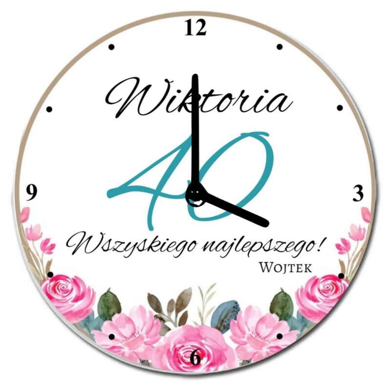 Okrągły szklany zegar z personalizacją UV - elegancki prezent na urodziny/ różowe kwiaty /średnica 20 cm