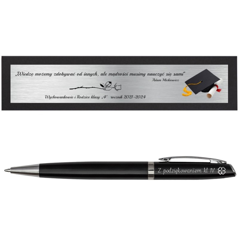 Długopis czarny aluminiowy z grawerem i tabliczką na pudełku