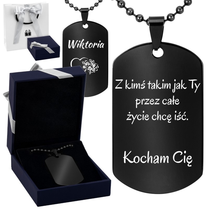 Nieśmiertelnik ze stali szlachetnej / czarny / pudełko z kokardką / GRAWER